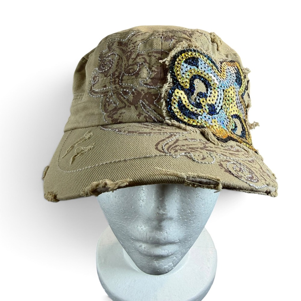 LOGA Khaki Tan Cadet Hat Distressed Sequin Fleur De Lis Military Cap Y2K Boho